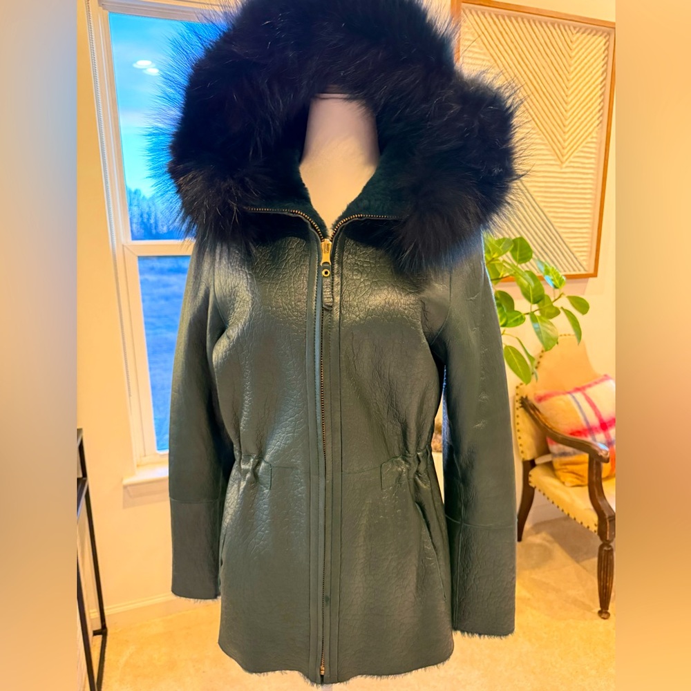 NEW, Genuine Jewel Green Reversible Sheepskin Hooded Leather Coat